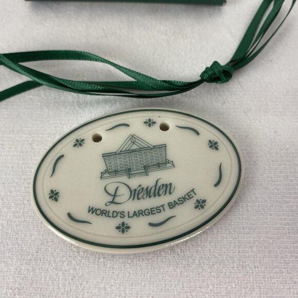 Longaberger Dresden Tie-On Made in USA Green Print Beige Oval w/ Green Ribbon - Picture 2 of 3